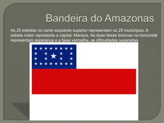 As 25 estrelas no canto esquerdo superior representam os 25 municípios. A
estrela maior representa a capital, Manaus. As duas faixas brancas na horizontal
representam esperança e a faixa vermelha, as dificuldades superadas.
 