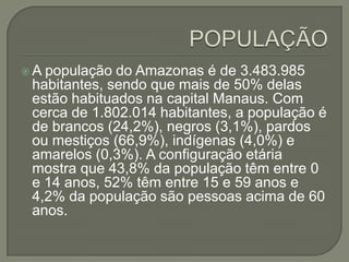 A população do Amazonas é de 3.483.985
 habitantes, sendo que mais de 50% delas
 estão habituados na capital Manaus. Com
 cerca de 1.802.014 habitantes, a população é
 de brancos (24,2%), negros (3,1%), pardos
 ou mestiços (66,9%), indígenas (4,0%) e
 amarelos (0,3%). A configuração etária
 mostra que 43,8% da população têm entre 0
 e 14 anos, 52% têm entre 15 e 59 anos e
 4,2% da população são pessoas acima de 60
 anos.
 