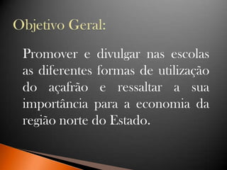 Promover e divulgar nas escolas
as diferentes formas de utilização
do açafrão e ressaltar a sua
importância para a economia da
região norte do Estado.
 