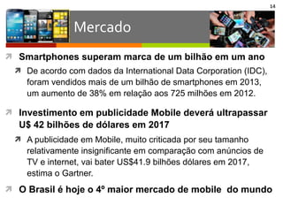 Mercado
ì Smartphones superam marca de um bilhão em um ano
ì De acordo com dados da International Data Corporation (IDC),
foram vendidos mais de um bilhão de smartphones em 2013,
um aumento de 38% em relação aos 725 milhões em 2012.
ì Investimento em publicidade Mobile deverá ultrapassar
U$ 42 bilhões de dólares em 2017
ì A publicidade em Mobile, muito criticada por seu tamanho
relativamente insignificante em comparação com anúncios de
TV e internet, vai bater US$41.9 bilhões dólares em 2017,
estima o Gartner.
ì O Brasil é hoje o 4º maior mercado de mobile do mundo
14
 