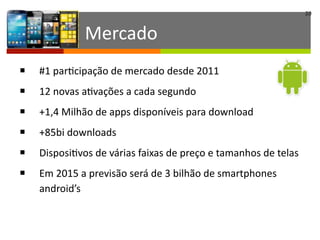 20
Mercado
§ #1	
  parIcipação	
  de	
  mercado	
  desde	
  2011	
  	
  
§ 12	
  novas	
  aIvações	
  a	
  cada	
  segundo	
  	
  
§ +1,4	
  Milhão	
  de	
  apps	
  disponíveis	
  para	
  download	
  	
  
§ +85bi	
  downloads	
  	
  
§ DisposiIvos	
  de	
  várias	
  faixas	
  de	
  preço	
  e	
  tamanhos	
  de	
  telas	
  
§ Em	
  2015	
  a	
  previsão	
  será	
  de	
  3	
  bilhão	
  de	
  smartphones	
  
android’s
 