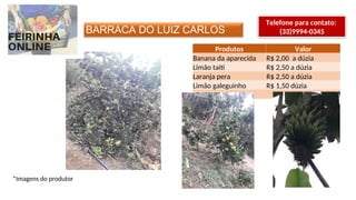BARRACA DO LUIZ CARLOS
Telefone para contato:
(33)9994-0345
*Imagens do produtor
Produtos Valor
Banana da aparecida R$ 2,00 a dúzia
Limão taiti R$ 2,50 a dúzia
Laranja pera R$ 2,50 a dúzia
Limão galeguinho R$ 1,50 dúzia
 