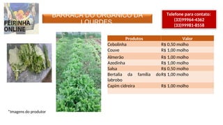 BARRACA DO ORGÂNICO DA
LOURDES
Telefone para contato:
(33)99964-4362
(33)99981-8558
*Imagens do produtor
Produtos Valor
Cebolinha R$ 0,50 molho
Couve R$ 1,00 molho
Almerão R$ 1,00 molho
Azedinha R$ 1,00 molho
Salsa R$ 0,50 molho
Bertalia da família do
labrobo
R$ 1,00 molho
Capim cidreira R$ 1,00 molho
 