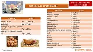 BARRACA DO PROFESSOR
*Imagens ilustrativas
Produtos Valor
Palmito R$ 15,00 Kg
Mandioca amarela R$ 2,50 Kg
Mandioca cacau R$ 2,00 Kg
Yacon R$ 5,00 Kg
Couve Manteiga R$ 1,00 molho
Taioba R$ 1,00 molho
Banana da Terra R$ 2,50 Kg
Banana Prata R$ 2,00 dúzia
Banana nanica R$ 2,00 dúzia
Limão doce, laranja comum e serra
d’ água R$ 2,00 Kg
Mel R$ 30,00
Caqui R$ 3,00 bandeja
Tomate R$ 5,00
Inhame R$ 5,00
Quiabo R$ 5,00
Pimentão colorido R$ 7,00
Mini pimentão colorido R$ 5,00 bandeja
Couve flor R$ 8,00 unidade
Produtos Valor
Ovos caipira R$ 12,00 dúzia
Polvilho R$ 10,00 Kg
Frango e galinha caipira
abatido R$ 18,00 Kg
Frango e galinha caipira
vivo R$ 15,00 Kg
Telefone para contato:
(33) 99904-0603
 