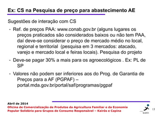 13 1313
Abril de 2014
Oficina de Comercialização de Produtos da Agricultura Familiar e da Economia
Popular Solidária para Grupos de Consumo Responsável – Kairós e Capina
Ex: CS na Pesquisa de preço para abastecimento AE
Sugestões de interação com CS
- Ref. de preços PAA: www.conab.gov.br (alguns lugares os
preços praticados são considerados baixos ou não tem PAA,
daí deve-se considerar o preço de mercado médio no local,
regional e territorial (pesquisa em 3 mercados: atacado,
varejo e mercado local e feiras locais). Pesquisa do projeto
- Deve-se pagar 30% a mais para os agroecológicos . Ex: PL de
SP
- Valores não podem ser inferiores aos do Prog. de Garantia de
Preços para a AF (PGPAF) –
portal.mda.gov.br/portal/saf/programas/pgpaf
 