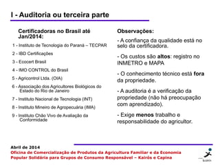 4 44
Abril de 2014
Oficina de Comercialização de Produtos da Agricultura Familiar e da Economia
Popular Solidária para Grupos de Consumo Responsável – Kairós e Capina
Certificadoras no Brasil até
Jan/2014:
1 - Instituto de Tecnologia do Paraná – TECPAR
2 - IBD Certificações
3 - Ecocert Brasil
4 - IMO CONTROL do Brasil
5 - Agricontrol Ltda. (OIA)
6 - Associação dos Agricultores Biológicos do
Estado do Rio de Janeiro
7 - Instituto Nacional de Tecnologia (INT)
8 - Instituto Mineiro de Agropecuária (IMA)
9 - Instituto Chão Vivo de Avaliação da
Conformidade
I - Auditoria ou terceira parte
Observações:
- A confiança da qualidade está no
selo da certificadora.
- Os custos são altos: registro no
INMETRO e MAPA
- O conhecimento técnico está fora
da propriedade.
- A auditoria é a verificação da
propriedade (não há preocupação
com aprendizado).
- Exige menos trabalho e
responsabilidade do agricultor.
 