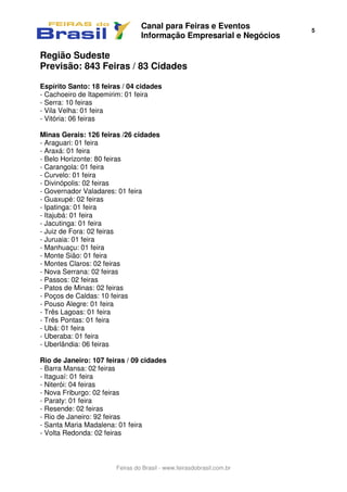 Canal para Feiras e Eventos
Informação Empresarial e Negócios
5
Feiras do Brasil - www.feirasdobrasil.com.br
Região Sudeste
Previsão: 843 Feiras / 83 Cidades
Espírito Santo: 18 feiras / 04 cidades
- Cachoeiro de Itapemirim: 01 feira
- Serra: 10 feiras
- Vila Velha: 01 feira
- Vitória: 06 feiras
Minas Gerais: 126 feiras /26 cidades
- Araguari: 01 feira
- Araxá: 01 feira
- Belo Horizonte: 80 feiras
- Carangola: 01 feira
- Curvelo: 01 feira
- Divinópolis: 02 feiras
- Governador Valadares: 01 feira
- Guaxupé: 02 feiras
- Ipatinga: 01 feira
- Itajubá: 01 feira
- Jacutinga: 01 feira
- Juiz de Fora: 02 feiras
- Juruaia: 01 feira
- Manhuaçu: 01 feira
- Monte Sião: 01 feira
- Montes Claros: 02 feiras
- Nova Serrana: 02 feiras
- Passos: 02 feiras
- Patos de Minas: 02 feiras
- Poços de Caldas: 10 feiras
- Pouso Alegre: 01 feira
- Três Lagoas: 01 feira
- Três Pontas: 01 feira
- Ubá: 01 feira
- Uberaba: 01 feira
- Uberlândia: 06 feiras
Rio de Janeiro: 107 feiras / 09 cidades
- Barra Mansa: 02 feiras
- Itaguaí: 01 feira
- Niterói: 04 feiras
- Nova Friburgo: 02 feiras
- Paraty: 01 feira
- Resende: 02 feiras
- Rio de Janeiro: 92 feiras
- Santa Maria Madalena: 01 feira
- Volta Redonda: 02 feiras
 