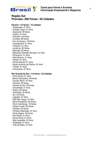Canal para Feiras e Eventos
Informação Empresarial e Negócios
7
Feiras do Brasil - www.feirasdobrasil.com.br
Região Sul
Previsão: 299 Feiras / 65 Cidades
Paraná: 114 feiras / 19 cidades
- Arapongas: 01 feira
- Campo Largo: 01 feira
- Cascavel: 02 feiras
- Castro: 01 feira
- Cianorte: 03 feiras
- Curitiba: 68 feiras
- Foz do Iguaçu: 18 feiras
- Guarapuava: 01 feira
- Imbituva: 01 feira
- Londrina: 05 feiras
- Maringá: 05 feiras
- Marechal Cândido Rondon: 01 feira
- Paranavaí: 01 feira
- Pato Branco: 01 feira
- Pérola: 01 feira
- Ponta Grossa: 01 feira
- Santo Antonio da Platina: 01 feira
- Toledo: 01 feira
- Umuarama: 01 feira
Rio Grande do Sul: 112 feiras / 23 cidades
- Anta Gorda: 01 feira
- Bento Gonçalves: 08 feiras
- Campo Novo: 01 feira
- Canoas: 02 feiras
- Caxias do Sul: 05 feiras
- Encantado: 01 feira
- Esteio: 03 feiras
- Gramado: 25 feiras
- Ijuí: 03 feiras
- Lajeado: 01 feira
- Não-Me-Toque: 01 feira
- Nova Petrópolis: 02 feiras
- Novo Hamburgo: 16 feiras
- Passo Fundo: 03 feiras
- Pelotas: 03 feiras
- Pinheiro Machado: 01 feira
- Porto Alegre: 30 feiras
- Rio Pardo: 01 feira
- Santa Rosa: 01 feira
- São Leopoldo: 01 feira
- Soledade: 01 feira
- Três de Maio: 01 feira
 