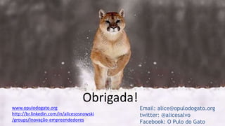 OBRIGADA!
www.opulodogato.org
http://br.linkedin.com/in/alicesosnowski
/groups/Inovação-empreendedores
Email: alice@opulodogato.org
twitter: @alicesalvo
Facebook: O Pulo do Gato
ContatosObrigada!
 