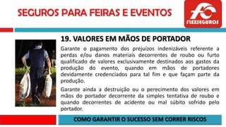 SEGUROS PARA FEIRAS E EVENTOS
19. VALORES EM MÃOS DE PORTADOR
Garante o pagamento dos prejuízos indenizáveis referente a
perdas e/ou danos materiais decorrentes de roubo ou furto
qualificado de valores exclusivamente destinados aos gastos da
produção do evento, quando em mãos de portadores
devidamente credenciados para tal fim e que façam parte da
produção.
Garante ainda a destruição ou o perecimento dos valores em
mãos do portador decorrente da simples tentativa de roubo e
quando decorrentes de acidente ou mal súbito sofrido pelo
portador.
 