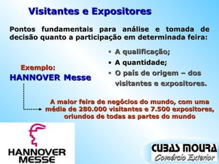 Pontos fundamentais para análise e tomada de decisão quanto a participação em determinada feira: A qualificação; Exemplo:   A maior feira de negócios do mundo, com uma média de 280.000 visitantes e 7.500 expositores, oriundos de todas as partes do mundo HANNOVER Messe  A quantidade; O país de origem – dos visitantes e expositores. Visitantes e Expositores  
