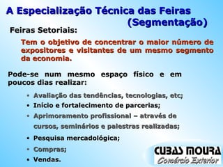 Feiras Setoriais: Avaliação das tendências, tecnologias, etc; A Especialização Técnica das Feiras Tem o objetivo de concentrar o maior número de expositores e visitantes de um mesmo segmento da economia. Pode-se num mesmo espaço físico e em poucos dias realizar: Pesquisa mercadológica; (Segmentação) Início e fortalecimento de parcerias; Aprimoramento profissional – através de cursos, seminários e palestras realizadas; Compras; Vendas. 