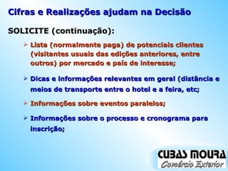 SOLICITE (continuação): Lista (normalmente paga) de potenciais clientes (visitantes usuais das edições anteriores, entre outros) por mercado e país de interesse; Dicas e informações relevantes em geral (distância e meios de transporte entre o hotel e a feira, etc; Informações sobre o processo e cronograma para inscrição; Informações sobre eventos paralelos; Cifras e Realizações ajudam na Decisão 