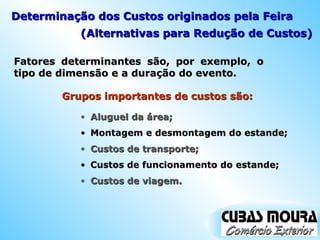 Determinação dos Custos originados pela Feira (Alternativas para Redução de Custos) Aluguel da área; Fatores determinantes são, por exemplo, o tipo de dimensão e a duração do evento. Grupos importantes de custos são: Montagem e desmontagem do estande; Custos de transporte; Custos de funcionamento do estande; Custos de viagem. 