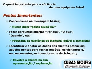 Pontos Importantes: Concentre-se na mensagem básica; Nunca dizer “posso ajudá-lo?” Preencha os relatórios de maneira legível e completa; Fazer perguntas abertas “Por que”, “O que”, “Quando”, etc; Identificar e anotar os dados dos clientes potenciais, aqueles pontos para fechar negócio, os visitantes e/ou concorrentes, os tomadores de decisão, etc; Envolva o cliente na sua apresentação / explanação. O que é importante para a eficiência  de uma equipe na Feira? 