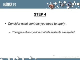 STEP 4

• Consider what controls you need to apply..

  – The types of encryption controls available are myriad




                                       27
 