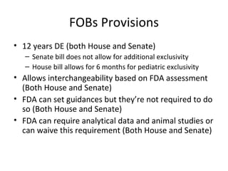FOBs Provisions 12 years DE (both House and Senate) Senate bill does not allow for additional exclusivity House bill allows for 6 months for pediatric exclusivity Allows interchangeability based on FDA assessment (Both House and Senate) FDA can set guidances but they’re not required to do so (Both House and Senate) FDA can require analytical data and animal studies or can waive this requirement (Both House and Senate) 
