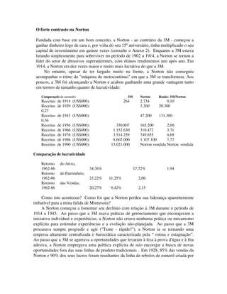 O forte contraste na Norton
Fundada com base em um bom conceito, a Norton - ao contrário da 3M - começou a
ganhar dinheiro logo de cara e, por volta do seu 15º aniversário, tinha multiplicado o seu
capital de investimento em quinze vezes (consulte o Anexo 2). Enquanto a 3M estava
lutando simplesmente para sobreviver no período de 1902 a 1914, a Norton se tornou a
líder do setor de abrasivos superaderentes, com ótimos rendimentos ano após ano. Em
1914, a Norton era dez vezes maior e muito mais lucrativa do que a 3M.
No entanto, apesar de ter largado muito na frente, a Norton não conseguiu
acompanhar o ritmo da "máquina de motocontínuo" em que a 3M se transformou. Aos
poucos, a 3M foi alcançando a Norton e acabou ganhando uma grande vantagem tanto
em termos de tamanho quanto de lucratividade:
Comparação de tamanho 3M Norton Razão: 3M/Norton
Receitas de 1914 (US$000): 264 2.734 0,10
Receitas de 1929 (US$000): 5.500 20.300
0,27
Receitas de 1943 (US$000): 47.200 131.300
0,36
Receitas de 1956 (US$000): 330.807 165.200 2,00
Receitas de 1966 (US$000): 1.152.630 310.472 3,71
Receitas de 1976 (US$000): 3.514.259 749.655 4,69
Receitas de 1986 (US$000): 8.602.000 1.107.100 7,77
Receitas de 1990 (US$000): 13.021.000 Norton vendida Norton vendida
Comparação de lucratividade
Retorno do Ativo,
1962-86 34,36% 17,72% 1,94
Retorno do Patrimônio,
1962-86 23,22% 11,25% 2,06
Retorno das Vendas,
1962-86 20,27% 9,42% 2,15
Como isto aconteceu? Como foi que a Norton perdeu sua liderança aparentemente
imbatível para a mina falida de Minnesota?
A Norton começou a fomentar seu declínio com relação à 3M durante o período de
1914 a 1945. Ao passo que a 3M usava práticas de gerenciamento que encorajavam a
iniciativa individual e experiências, a Norton não criava nenhuma prática ou mecanismo
explícito para estimular experiências e a evolução não-planejada. Ao passo que a 3M
procurava sempre progredir e agir ("Tente - rápido!"), a Norton ia se tornando uma
empresa altamente centralizada e burocrática caracterizada pela “ rotina e estagnação”.
Ao passo que a 3M se agarrava a oportunidades que levaram à lixa à prova d'água e à fita
adesiva, a Norton empregava uma política explícita de não encorajar a busca de novas
oportunidades fora das suas linhas de produto tradicionais . Em 1928, 85% das vendas da
Norton e 90% dos seus lucros foram resultantes da linha de rebolos de esmeril criada por
 