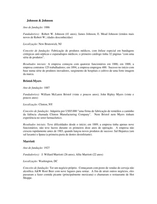 Johnson & Johnson
Ano de fundação: 1886
Fundador(es): Robert W. Johnson (41 anos), James Johnson, E. Mead Johnson (irmãos mais
novos de Robert W.; idades desconhecidas)
Localização: New Brunswick, NJ
Conceito de fundação: Fabricação de produtos médicos, com ênfase especial em bandagens
cirúrgicas anti-sépticas e esparadrapos médicos; o primeiro catálogo tinha 32 páginas "com uma
série de produtos".
Resultados iniciais: A empresa começou com quatorze funcionários em 1886; em 1888, a
empresa contratou 125 trabalhadores; em 1894, a empresa empregou 400. Sucesso no início com
base numa série de produtos inovadores, surgimento de hospitais e cultivo de uma forte imagem
da marca.
Bristol-Myers
Ano de fundação: 1887
Fundador(es): William McLaren Bristol (vinte e poucos anos), John Ripley Myers (vinte e
poucos anos)
Localização: Clinton, NY
Conceito de fundação: Adquiriu por US$5.000 "uma firma de fabricação de remédios a caminho
da falência chamada Clinton Manufacturing Company". Nem Bristol nem Myers tinham
experiência no setor farmacêutico.
Resultados iniciais: Teve dificuldades desde o início; em 1889, a empresa tinha apenas nove
funcionários; não teve lucros durante os primeiros doze anos de operação. A empresa não
cresceu rapidamente antes de 1903, quando lançou novos produtos de sucesso: Sal Hepatica (um
sal laxante) e Ipana (a primeira pasta de dentes desinfetante).
Marriott
Ano de fundação: 1927
Fundador(es): J. Willard Marriott (26 anos), Allie Marriott (22 anos)
Localização: Washington, DC
Conceito de fundação: Ter um negócio próprio. Começaram com posto de vendas de cerveja não
alcoólica A&W Root Beer com nove lugares para sentar. A fim de atrair outros negócios, eles
passaram a fazer comida picante (principalmente mexicana) e chamaram o restaurante de Hot
Shoppe.
 