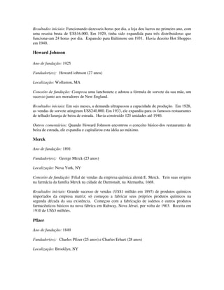 Resultados iniciais: Funcionando dezesseis horas por dia, a loja deu lucros no primeiro ano, com
uma receita bruta de US$16.000. Em 1929, tinha sido expandida para três distribuidoras que
funcionavam 24 horas por dia. Expansão para Baltimore em 1931. Havia dezoito Hot Shoppes
em 1940.
Howard Johnson
Ano de fundação: 1925
Fundador(es): Howard iohnson (27 anos)
Localização: Wollaston, MA
Conceito de fundação: Comprou uma lanchonete e adotou a fórmula de sorvete da sua mãe, um
sucesso junto aos moradores de New England.
Resultados iniciais: Em seis meses, a demanda ultrapassou a capacidade de produção. Em 1928,
as vendas de sorvete atingiram US$240.000. Em 1933, ele expandiu para os famosos restaurantes
de telhado laranja de beira de estrada. Havia construido 125 unidades até 1940.
Outros comentários: Quando Howard Johnson encontrou o conceito básico-dos restaurantes de
beira de estrada, ele expandiu e capitalizou esta idéia ao máximo.
Merck
Ano de fundação: 1891
Fundador(es): George Merck (23 anos)
Localização: Nova York, NY
Conceito de fundação: Filial de vendas da empresa química alemã E. Merck. Tem suas origens
na farmácia da família Merck na cidade de Darmstadt, na Alemanha, 1668.
Resultados iniciais: Grande sucesso de vendas (US$1 milhão em 1897) de produtos químicos
importados da empresa matriz; só começou a fabricar seus próprios produtos químicos na
segunda década da sua existência. Começou com a fabricação de iodetos e outros produtos
farmacêuticos básicos na nova fábrica em Rahway, Nova Jérsei, por volta de 1903. Receita em
1910 de US$3 milhões.
Pfizer
Ano de fundação: 1849
Fundador(es): Charles Pfizer (25 anos) e Charles Erhart (28 anos)
Localização: Brooklyn, NY
 