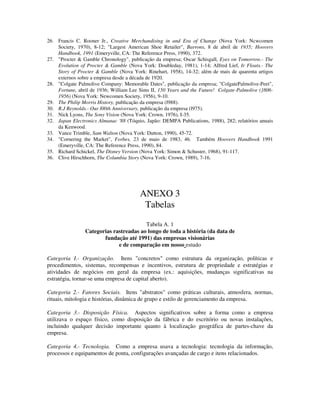 26. Francis C. Rooner Jr., Creative Merchandising in and Era of Change (Nova York: Ncwcomen
Society, 1970), 8-12; "Largest American Shoe Retailer", Barrons, 8 de abril de 1935; Hoovers
Handbook, 1991 (Emeryville, CA: The Reference Press, 1990), 372.
27. "Procter & Gamble Chronology", publicação da empresa; Oscar Schisgall, Eyes on Tomorrow.- The
Evolution of Procter & Gamble (Nova York: Doubleday, 1981), 1-14; AIfred Lief, Ir Floats.- The
Story of Procter & Gamble (Nova York: Rinehart, 1958), 14-32; além de mais de quarenta artigos
externos sobre a empresa desde a década de 1920.
28. "Colgate Palmolive Company: Memorable Dates", publicação da empresa; "ColgatePalmolive-Peet",
Fortune, abril de 1936; William Lee Sims II, 150 Years and the Future! Colgate-Palmolive (]806-
1956) (Nova York: Newcomen Society, 1956), 9-10.
29. The Philip Morris History, publicação da empresa (l988).
30. R.J Reynolds.- Our l00th Anniversary, publicação da empresa (l975).
31. Nick Lyons, The Sony Vision (Nova York: Crown, 1976), I-35.
32. Japan Electronics Almanac '88 (Tóquio, Japão: DEMPA Publications, 1988), 282; relatórios anuais
da Kenwood.
33. Vance Trimble, Sam Walton (Nova York: Dutton, 1990), 45-72.
34. "Cornering the Market", Forbes, 23 de maio de 1983, 46. Também Hoovers Handbook 1991
(Emeryville, CA: The Reference Press, 1990), 84.
35. Richard Schickel, The Disney Version (Nova York: Simon & Schuster, 1968), 91-117.
36. Clive Hirschhorn, The Columbia Story (Nova York: Crown, 1989), 7-16.
ANEXO 3
Tabelas
Tabela A. 1
Categorias rastreadas ao longo de toda a história (da data de
fundação até 1991) das empresas visionárias
e de comparação em nosso estudo
Categoria I.- Organização. Itens "concretos" como estrutura da organização, políticas e
procedimentos, sistemas, recompensas e incentivos, estrutura de propriedade e estratégias e
atividades de negócios em geral da empresa (ex.: aquisições, mudanças significativas na
estratégia, tornar-se uma empresa de capital aberto).
Categoria 2.- Fatores Sociais. Itens "abstratos" como práticas culturais, atmosfera, normas,
rituais, mitologia e histórias, dinâmica de grupo e estilo de gerenciamento da empresa.
Categoria 3.- Disposição Física. Aspectos significativos sobre a forma como a empresa
utilizava o espaço físico, como disposição da fábrica e do escritório ou novas instalações,
incluindo qualquer decisão importante quanto à localização geográfica de partes-chave da
empresa.
Categoria 4.- Tecnologia. Como a empresa usava a tecnologia: tecnologia da informação,
processos e equipamentos de ponta, configurações avançadas de cargo e itens relacionados.
 