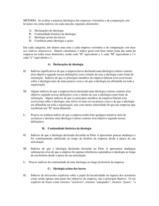 MÉTODO: Ao avaliar a natureza ideológica das empresas visionárias e de comparação, nós
levamos em conta indícios em cada uma das seguintes dimensões:
A: Declarações de ideologia
B: Continuidade histórica da ideologia
C: Ideologia acima dos lucros
D: Coerência entre ideologia e ações
Em cada categoria, nós demos uma nota a cada empresa visionária e de comparação com base
nos indícios disponíveis. Depois calculamos o índice geral com base numa soma das notas da
empresa em todas estas dimensões, sendo cada “H” equivalente a 3, cada “M” equivalente a 2 e
cada “L” equivalente a 1.
A: Declarações de ideologia
H: Indícios significativos de que a empresa havia declarado uma ideologia (valores centrais
e/ou objetivo segundo nossas definições) com o intuito de usar a ideologia como fonte de
orientação. Indícios de que os principais membros da empresa falaram e/ou escreveram
sobre a ideologia mais de umas poucas vezes e de que a ideologia era difundida em toda a
organização.
M: Alguns indícios de que a empresa havia declarado uma ideologia (valores centrais e/ou
objetivo segundo nossas definições) com o intuito de usar a ideologia como fonte de
orientação. Alguns indícios de que os principais membros da empresa falaram e/ou
escreveram sobre a ideologia, mas talvez só uma vez ou poucas vezes e de que a ideologia
era difundida em toda a organização, mas com menos intensidade do que nas empresas que
receberam um “H” nesta dimensão.
L: Poucos ou nenhum indício de que a empresa tenha feito qualquer tentativa séria de
esclarecer e declarar uma ideologia (valores centrais e/ou objetivo segundo nossas
definições).
B: Continuidade histórica da ideologia
H: Indícios de que a ideologia declarada discutida na Parte A apresentou poucas mudanças e
foi continuamente enfatizada ao longo da história da empresa desde a época da sua
articulação.
M: Indícios de que a ideologia declarada discutida na Parte A apresentou mudanças
substanciais e/ou de que a empresa fez apenas referências esporádicas à ideologia ao longo
da sua história desde a época da sua articulação.
L: Poucos indícios de continuidade de uma ideologia ao longo da história da empresa.
C: Ideologia acima dos lucros
H: Indícios de discussões explícitas sobre o papel da lucratividade ou riqueza dos acionistas
como sendo apenas uma parte dos objetivos da empresa, não o principal objetivo. O uso
explícito de frases como retornos "razoáveis", retornos "adequados", retornos "justos", "a
 