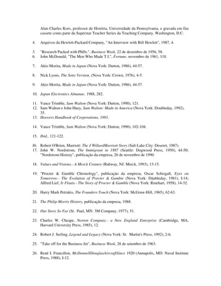 Alan Charles Kors, professor de História, Universidade da Pennsylvania, e gravada em fita
cassete como parte da Superstar Teacher Series da Teaching Company, Washington, D.C.
4. Arquivos da Hewlett-Packard Company, "An Interview with Bill Hewlett", 1987, 4.
5. "Research Packed with PhDs.", Business Week, 22 de dezembro de 1956, 58.
6. John McDonald, "The Men Who Made T.I.", Fortune, novembro de 1961, 118.
7. Akio Morita, Made in Japan (Nova York: Dutton, 1986), 44-57.
8. Nick Lyons, The Sony Version, (Nova York: Crown, 1976), 4-5.
9. Akio Morita, Made in Japan (Nova York: Dutton, 1986), 44-57.
10. Japan Electronics Almanac, 1988, 282.
11. Vance Trimble, Sam Walton (Nova York: Dutton, 1990), 121.
12. Sam Walton e John Huey, Sam Walton: Made in America (Nova York: Doubleday, 1992),
35.
13. Hoovers Handbook of Corporations, 1991.
14. Vance Trimble, Sam Walton (Nova York: Dutton, 1990), 102-104.
15. Ibid., 121-122.
J6. Robert O'Brien, Marriott: The J WillardMarriott Story (Salt Lake City: Deseret, 1987).
17. John W. Nordstrom, The Immigrant in 1887 (Seattle: Dogwood Press, 1950), 44-50;
"Nordstrom History", publicação da empresa, 26 de novembro de 1990.
18. Values and Visions.- A Merck Century (Rahway, NJ: Merck, 1993), 13-15.
19. "Procter & Gamble Chronology", publicação da empresa; Oscar Schisgall, Eyes on
Tomorrow.- The Evolution of Procter & Gambie (Nova York: Dáubleday, 1981), I-14;
AIfred Lief, Ir Floats.- The Story of Procter & Gamble (Nova York: Rinehart, 1958), 14-32.
20. Harry Mark Petrakis, The Founders Touch (Nova York: McGraw-Hill, 1965), 62-63.
21. The Philip Morris History, publicação da empresa, 1988.
22. Our Story So Far (St. Paul, MN: 3M Company, 1977), 51.
23. Charles W. Cheape, Norton Company.- a New England Enterprise (Cambridge, MA,
Harvard University Press, 1985), 12.
24. Robert J. Serling, Legend and Legacy (Nova York: Sr. Martin's Press, 1992), 2-6.
25. "Take off for the Business Jet", Business Week, 28 de setembro de 1963.
26. Renê I. Francillon, McDonnellDouglasAircraftSince 1920 (Annapolis, MD: Naval Institute
Press, 1988), I-12.
 