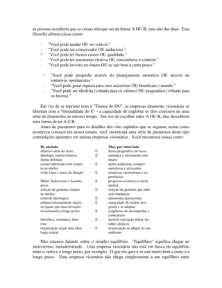 as pessoas acreditem que as coisas têm que ser da forma A OU B, mas não das duas. Esta
filosofia afirma coisas como:
· "Você pode mudar OU ser estável."
· "Você pode ser conservador OU audacioso."
* "Você pode ter baixos custos OU qualidade."
· "Você pode ter autonomia criativa OU consistência e controle."
· "Você pode investir no futuro OU se sair bem a curto prazo."
* "Você pode progredir através do planejamento metódico OU através de
tentativas oportunistas."
· "Você pode gerar riqueza para seus acionistas OU beneficiar o mundo."
· "Você pode ser idealista (voltado para os valores) OU pragmático (voltado para
os lucros)."
Em vez de se reprimir com a "Tirania do OU", as empresas altamente visionárias se
libertam com a "Genialidade do E" - a capacidade de englobar os dois extremos de uma
série de dimensões ao mesmo tempo. Em vez de escolher entre A OU B, elas descobrem
uma forma de ter A E B.
Antes de passarmos para os detalhes dos oito capítulos que se seguem, assim como
aconteceu conosco em nosso estudo, você encontrará uma série de paradoxos deste tipo
contradições aparentes em muitas empresas visionárias. Você encontrará coisas como:
De um lado Mas, por outro lado
objetivo além do lucro E busca pragmática do lucro
ideologia central relativa- E mudança e movimento con-
mente definida tinuos
conservadorismo com respei- E ações audaciosa, compro-
to ao núcleo metedoras e arriscadas
visão clara e senso de direção E tentativas oportunistas e ex-
periências
Metas Audaciosas e Assusta- E progresso evolutivo e incre-
doras mental
seleção de gerentes criados E seleção de gerentes que indu
no núcleo zem mudanças
controle ideológico E autonomia operacional
cultura extremamente rigoro- E capacidade de mudar, pro-
sa (quase que uma devoção) gredir e se adaptar
investimento a longo prazo E exigências de desempenho a
curto prazo
filosófica, visionária, futu- E incrível execução diária, de-
rista talhes práticos
organização segue uma ideo- E organização se adapta ao seu
logia central ambiente
Não estamos falando sobre o simples equilíbrio. "Equilíbrio" significa chegar ao
meio-termo, metade/metade. Uma empresa visionária não está em busca do equilíbrio
entre o curto e o longo prazo, por exemplo. O que ela quer é se sair muito bem a curto e a
longo prazo. Uma empresa visionária não chega simplesmente a um equilíbrio entre
 