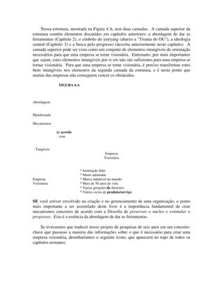 Nossa estrutura, mostrada na Figura 4.A, tem duas camadas. A camada superior da
estrutura contém elementos discutidos em capítulos anteriores: a abordagem de dar as
ferramentas (Capítulo 2), o símbolo do yin/yang (abaixo a "Tirania do OU"), a ideologia
central (Capítulo 3) e a busca pelo progresso (descrita anteriormente neste capítulo). A
camada superior pode ser vista como um conjunto de elementos intangíveis de orientação
necessários para que uma empresa se torne visionária. Entretanto, por mais importantes
que sejam, estes elementos intangíveis por si sós não são suficientes para uma empresa se
tornar visionária. Para que uma empresa se torne visionária, é preciso transformar estes
bens intangíveis nos elementos da segunda camada da estrutura, e é neste ponto que
muitas das empresas não conseguem vencer os obstáculos.
FIGURA 4.A
Abordagem
Manifestada
Mecanismos
de acordo
com
Tangíveis
Empresa
Visionária
* Instituição líder
* Muito admirada
Empresa * Marca indelével no mundo
Visionária * Mais de 50 anos de vida
* Várias gerações de diretores
* Vários ciclos de produto/serviço
SE você estiver envolvido na criação e no gerenciamento de uma organização, o ponto
mais importante a ser assimilado deste livro é a importância fundamental de criar
mecanismos concretos de acordo com a filosofia de preservar o núcleo e estimular o
progresso. Esta é a essência da abordagem de dar as ferramentas.
Se tivéssemos que traduzir nosso projeto de pesquisas de seis anos em um conceito-
chave que passasse a maioria das informações sobre o que é necessário para criar uma
empresa visionária, desenharíamos o seguinte ícone, que aparecerá no topo de todos os
capítulos restantes:
 