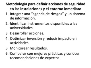 Metodología para definir acciones de seguridad en las instalaciones y el entorno inmediatoIntegrar una “agenda de riesgos” y un sistema de información.Identificar instrumentos disponibles a las universidades.Desarrollar acciones.Optimizar inversión y reducir impacto en actividades.Monitorear resultados.Comparar con mejores prácticas y conocer recomendaciones de expertos.