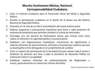 Siete PropuestasFortalecimiento de los sistemas de seguridad pública en los estados (medir, mejorar, evaluar y transferir mejores prácticas).Integración de mandos y reforma policial.Reforma penal para una mejor procuración e impartición de justicia (juicios orales, rapidez de procesos  y transparencia).Nuevo marco jurídico para la participación del ejército en tareas de seguridad pública.Mejoramiento del sistema penitenciario y de reinserción social.Prevención de lavado de dinero y operación de los mercados negros.Marco integral para mejorar la seguridad y el desarrollo social y humano.40
