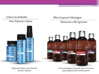 Linha Casa & Banho 
Sais, Espuma e Spray 
Mais que banho, um ritual de 
aroma e prazer. 
Óleo Corporal e Massagem 
Relaxante e Revigorante 
Uma massagem relaxante deve ser suave 
para proporcionar muito prazer. 
 