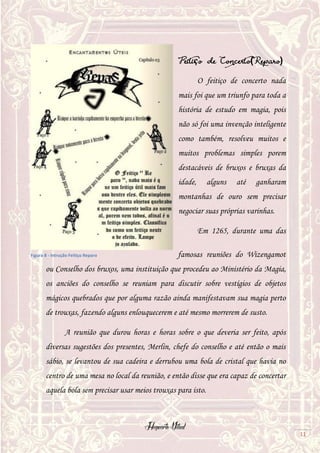 Hogwarts Vitual
11
Feitiço de Concerto( Reparo)
O feitiço de concerto nada
mais foi que um triunfo para toda a
história de estudo em magia, pois
não só foi uma invenção inteligente
como também, resolveu muitos e
muitos problemas simples porem
destacáveis de bruxos e bruxas da
idade, alguns até ganharam
montanhas de ouro sem precisar
negociar suas próprias varinhas.
Em 1265, durante uma das
famosas reuniões do Wizengamot
ou Conselho dos bruxos, uma instituição que procedeu ao Ministério da Magia,
os anciões do conselho se reuniam para discutir sobre vestígios de objetos
mágicos quebrados que por alguma razão ainda manifestavam sua magia perto
de trouxas, fazendo alguns enlouquecerem e até mesmo morrerem de susto.
A reunião que durou horas e horas sobre o que deveria ser feito, após
diversas sugestões dos presentes, Merlin, chefe do conselho e até então o mais
sábio, se levantou de sua cadeira e derrubou uma bola de cristal que havia no
centro de uma mesa no local da reunião, e então disse que era capaz de concertar
aquela bola sem precisar usar meios trouxas para isto.
Figura 8 - Intrução Feitiço Reparo
 