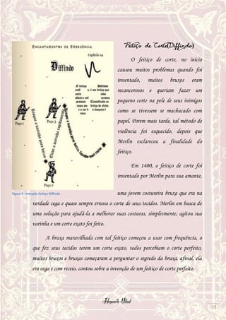 Hogwarts Vitual
13
Feitiço de Corte(Diffindo)
O feitiço de corte, no início
causou muitos problemas quando foi
inventado, muitos bruxos eram
recancorosos e queriam fazer um
pequeno corte na pele de seus inimigos
como se tivessem se machucado com
papel. Porem mais tarde, tal método de
violência foi esquecido, depois que
Merlin esclareceu a finalidade do
feitiço.
Em 1400, o feitiço de corte foi
inventado por Merlin para sua amante,
uma jovem costureira bruxa que era na
verdade cega e quase sempre errava o corte de seus tecidos. Merlin em busca de
uma solução para ajudá-la a melhorar suas costuras, simplesmente, agitou sua
varinha e um corte exato foi feito.
A bruxa maravilhada com tal feitiço começou a usar com frequência, o
que fez seus tecidos terem um corte exato, todos percebiam o corte perfeito,
muitos bruxos e bruxas começaram a perguntar o segredo da bruxa, afinal, ela
era cega e com receio, contou sobre a invenção de um feitiço de corte perfeito.
Figura 9 - Intrução Feitiço Diffindo
 
