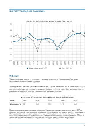 • Продажа (приватизация) государственных земель. (Размер активов - 11 млн гектар).
• Продажа государственных предприятий и земель осуществляется на окрытых международных
аукционах. Подготовка и проведение аукционов по продаже государственной собственности
осуществляется специально созданным органом.
Аграрный сектор
Аграрная реформа заключаться в том, что государство перестаёт заниматься сельским хозяйством.
Министерство сельского хозяйства ликвидируется. Отменяется мораторий на продажу земель
сельхозназначения. Создаётся открытый рынок земли.
Енергетический сектор
• Приватизация предприятий энергетического рынка.
• Либерализация энергетических рынков и их демонополизация.
• Обеспечение энергонезависимости и резкое повышение уровня энергоэффективности.
Дебюрократизация
• Отменяется обязательная регистрация субъектов предпринимательской деятельности. Что
существенно упрощает ведение бизнеса, вовлекает в предпринимательскую деятельность широкие
массы людей и служит дополнительным фактором детенизации экономики.
• Отменяется государственный мониторинг за хозяйственной деятельностью предприятий. Есть суды,
куда любой желающий может обратиться с иском на предприятие, которое нарушает
законодательство. Есть силовые органы, которые, при необходимости, в состоянии заставить
нарушителя выполнить соответствующее решение суда. Этого достаточно. Не надо мешать работе
бизнеса и создавать питательную среду для коррупции.
• Отменяется необходимость получения разрешений на добычу полезных ископаемых. Должна быть
возможность купить участок земли на открытом аукционе. Если на этом участке земли есть
полезные ископаемые и их добыча законодательно не запрещена, то владелец земли имеет право
их добывать без необходимости получать на это какое-либо разрешение. Если добыча данного вида
полезных ископаемых облагается рентой (согласно законодательства), то добывающая компания
(или владелец земли) оплачивает эту ренту.
• Вносятся изменения в законодательство, связанное с такими направлениями предпринимательской
деятельности, как: создание предприятий, получение разрешение на строительство, подключение к
системе электроснабжения, регистрация собственности, получение кредитов, защита инвестров,
налогообложение, международная торговля, обеспечение исполнения контрактов, разрешение
неплатежеспособности (процедура банкротства). Данные изменения законодательства должны
обеспечить Украине занятие первого места в международном рейтинге лёгкости ведения бизнеса —
Doing Business Report.
• Муниципальные (местные) бюджеты ежемесячно (возможно ежедневно) получают свою,
установленную законом, долю налогов в автоматическом режиме. Без каких-либо специальных
распоряжений чиновников центрального аппарата государственного управления.
Михаил Чернышев ©
;24
ИНСТИТУТ СВОБОДНОЙ ЭКОНОМИКИ
 
