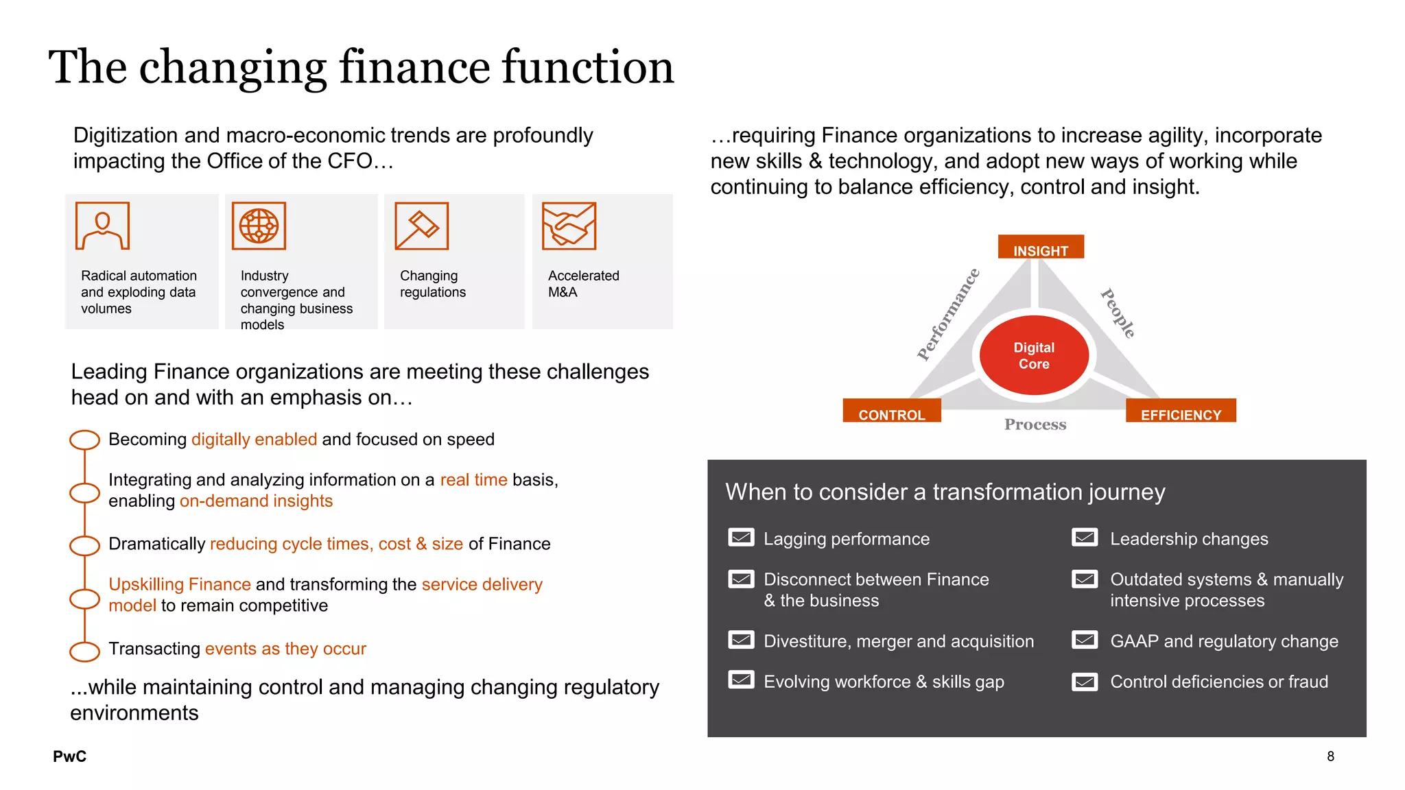 PwC 8
The changing finance function
Radical automation
and exploding data
volumes
Industry
convergence and
changing business
models
Changing
regulations
Accelerated
M&A
Process
Digital
Core
CONTROL EFFICIENCY
INSIGHT
…requiring Finance organizations to increase agility, incorporate
new skills & technology, and adopt new ways of working while
continuing to balance efficiency, control and insight.
Digitization and macro-economic trends are profoundly
impacting the Office of the CFO…
When to consider a transformation journey
• Lagging performance
• Disconnect between Finance
& the business
• Divestiture, merger and acquisition
• Evolving workforce & skills gap
• Leadership changes
• Outdated systems & manually
intensive processes
• GAAP and regulatory change
• Control deficiencies or fraud
Leading Finance organizations are meeting these challenges
head on and with an emphasis on…
Becoming digitally enabled and focused on speed
Integrating and analyzing information on a real time basis,
enabling on-demand insights
Upskilling Finance and transforming the service delivery
model to remain competitive
Dramatically reducing cycle times, cost & size of Finance
Transacting events as they occur
...while maintaining control and managing changing regulatory
environments
 