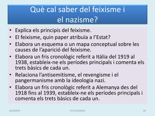 Què cal saber del feixisme i
el nazisme?
• Explica els principis del feixisme.
• El feixisme, quin paper atribuïa a l’Estat?
• Elabora un esquema o un mapa conceptual sobre les
causes de l’aparició del feixisme.
• Elabora un fris cronològic referit a Itàlia del 1919 al
1938, estableix-ne els períodes principals i comenta els
trets bàsics de cada un.
• Relaciona l’antisemitisme, el revengisme i el
pangermanisme amb la ideologia nazi.
• Elabora un fris cronològic referit a Alemanya des del
1918 fins al 1939, estableix-ne els períodes principals i
comenta els trets bàsics de cada un.
ELS FEIXISMES 68BUXAWEB
 