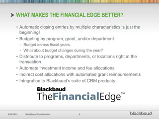 WHAT MAKES THE FINANCIAL EDGE BETTER?

       • Automatic closing entries by multiple characteristics is just the
         beginning!
       • Budgeting by program, grant, and/or department
            - Budget across fiscal years
            - What about budget changes during the year?
       • Distribute to programs, departments, or locations right at the
         transaction
       • Automate investment income and fee allocations
       • Indirect cost allocations with automated grant reimbursements
       • Integration to Blackbaud’s suite of CRM products




8/28/2012      Blackbaud Confidential      5
 