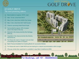 63 GOLF DRIVE
The most promising address
Best location on approx. 570 ft. road
Max. 10 min. drive from NH-8
Max. 8 min. drive from HUDA City Center
Max. 3 min. drive from DLF Golf Course
Close to upcoming Hotel Grand Hyatt
Surrounded by approx. 65% of green
area in the heart of the city
Schools in the close proximity like Heritage,
DPS etc.
Hospitals in the close proximity like Artemis,
Alchemist etc.
For those who work in Gurgaon and are tired
of travelling from Delhi to Gurgaon
Bank Finance Available from leading Banks for successful Allottee
For those who work in Delhi NCR and are looking for a decent accommodation within budget
Why pay rental when apartment is available in easy Bank Installments (EMI)
For Bookings, call +91 - 8826869222
 