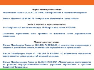 Нормативные правовые акты:
Федеральный закон от 29.12.2012 № 273-ФЗ «Об образовании в Российской Федерации»
Закон г. Москвы от 20.06.2001 № 25 «О развитии образования в городе Москве»
Устав и локальные нормативные акты:
Устав образовательной организации (ст. 25 Федерального закона № 273-ФЗ)
Локальные нормативные акты, принятые во исполнения устава образовательной
организации
Методические документы:
Письмо Минобрнауки России от 14.02.2014 № ВК-262/09 «О методических рекомендациях о
создании и деятельности советов обучающихся в образовательных организациях»
Письмо Минобрнауки России от 18.11.2013 № ВК-844/07 «О направлении методических
рекомендаций по организации служб школьной медиации»
Письмо Минобразования России от 22.10.2015 N 08-1729 «Методическими рекомендациями
по развитию государственно-общественного управления образованием в субъектах
Российской Федерации ...»
 