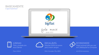 LINHAS
Fale a vontade com 
seus Clientes 
Fixo e Móvel
ESCALÁVEL
Soluções 100% na nuvem 
para crescer sempre
URA, Gravador, Fila, 0800
ECONOMIZE
Pague somente pelo que usar 
sem fidelizações ou franquias
até 60% de economia
BASICAMENTE 
o que fazemos?
fale maisdesde 2013
 