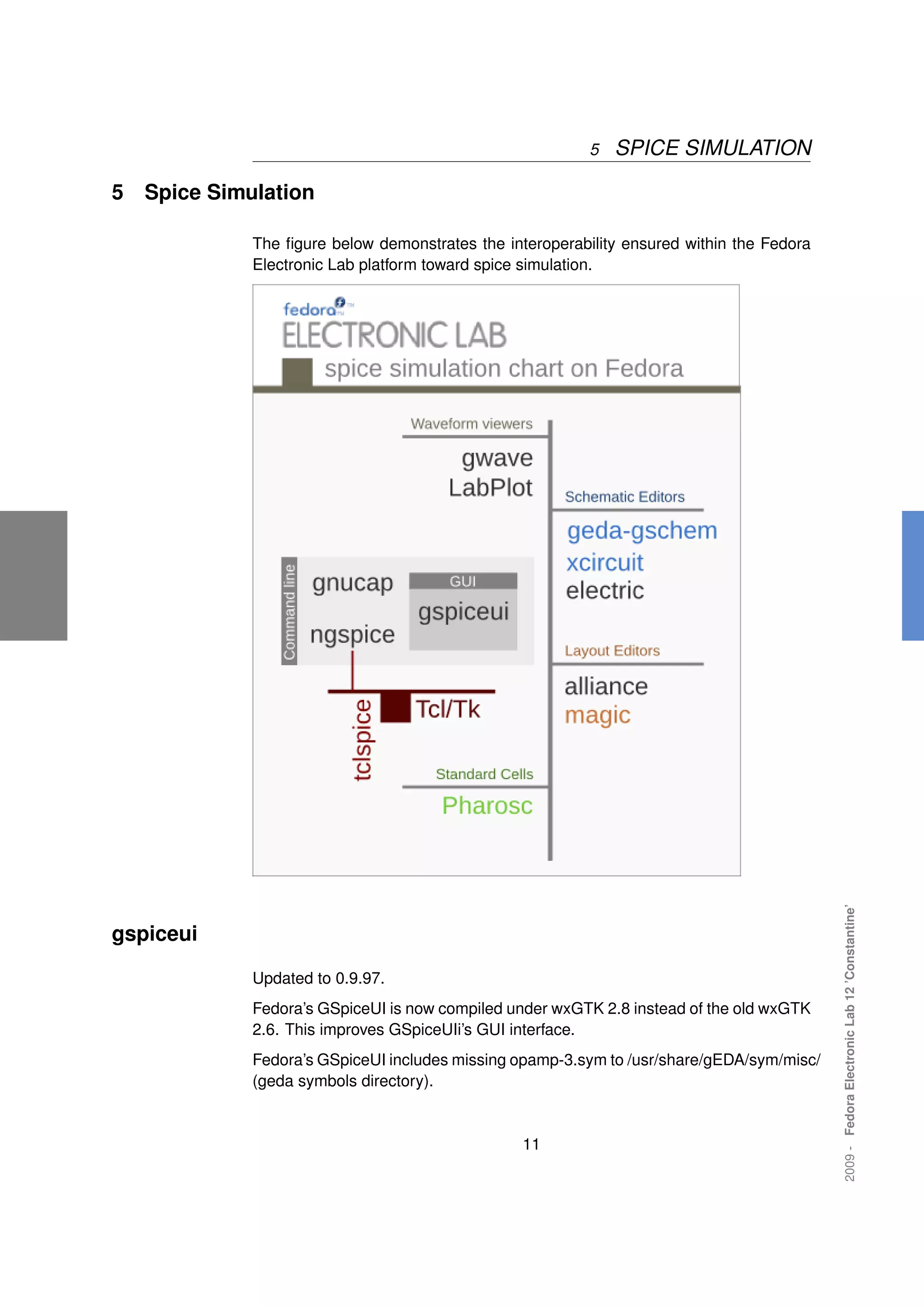 5   SPICE SIMULATION

5   Spice Simulation

              The ﬁgure below demonstrates the interoperability ensured within the Fedora
              Electronic Lab platform toward spice simulation.




                                                                                            2009 - Fedora Electronic Lab 12 ’Constantine’




gspiceui

              Updated to 0.9.97.
              Fedora’s GSpiceUI is now compiled under wxGTK 2.8 instead of the old wxGTK
              2.6. This improves GSpiceUIi’s GUI interface.
              Fedora’s GSpiceUI includes missing opamp-3.sym to /usr/share/gEDA/sym/misc/
              (geda symbols directory).


                                                  11
 