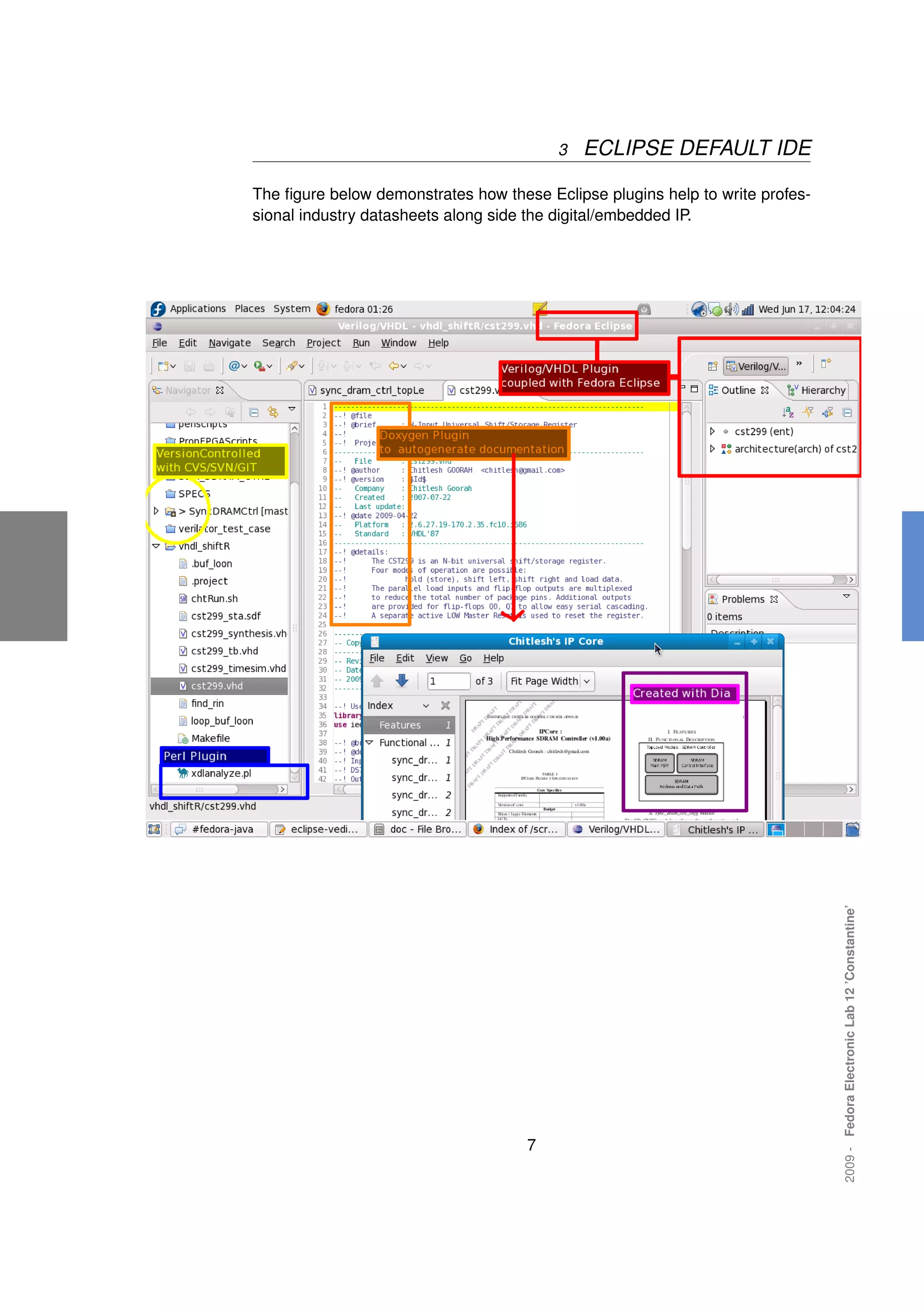 3   ECLIPSE DEFAULT IDE

The ﬁgure below demonstrates how these Eclipse plugins help to write profes-
sional industry datasheets along side the digital/embedded IP.




                                                                               2009 - Fedora Electronic Lab 12 ’Constantine’




                                     7
 