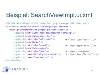 <!DOCTYPE ui:UiBinder SYSTEM "http://dl.google.com/gwt/DTD/xhtml.ent">
<ui:UiBinder xmlns:ui="urn:ui:com.google.gwt.uibinder"
xmlns:g="urn:import:com.google.gwt.user.client.ui">
<g:Label text="Suche nach beschädigtem Fahrzeug" />
<g:Label text="Fahrgestell-Nr." />
<g:TextBox ui:field="vehicleId" />
<g:Label text="Marke" />
<g:TextBox ui:field="brand" />
<g:Label text="Fahrzeugtyp"/>
<g:ListBox ui:field="type" />
<g:Button text="OK“ ui:field="btnOk" />
<g:Button text="Zurücksetzen" />
</ui:UiBinder>
30
Beispiel: SearchViewImpl.ui.xml
 <input type="text" … />
 <input type="text" … />
 <select…><option>…
 <input type="button" … />
 