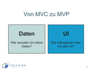 Von MVC zu MVP
UI
Wie interagieren User
mit dem UI?
Daten
Wie verwalte ich meine
Daten?
8
 
