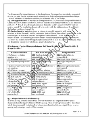 Page 4 of 15
*FEL NOTES BY Er. SWAPNIL KAWARE (svkaware@yahoo.co.in)*
The Bridge rectifier circuit is shown in the above figure. The circuit has four diodes connected
to form a bridge. The AC input voltage is applied to the diagonally opposite ends of the bridge.
The load resistance is connected between the other two ends of the bridge.
(a). During positive half of the input ac voltage, terminal A is positive with respect to terminal
C hence diodes D1 and D2 conduct i.e. forward biased, hence load current flows in the direction
path as S1-A-B-RL-D-C-S2. During this interval diodes D3 and D4 remain in the OFF state i.e.
reverse biased. The conducting diodes will be in series with the load resistance RL and hence
the load current flows through RL.
(b). During Negative half of the input ac voltage, terminal C is positive with respect to
terminal A. Hence diodes D3 and D4 conduct i.e. forward biased, hence load current flows in the
direction path as S2-C-B-RL-D-A-S1. During these interval diodes D1 and D2 remain OFF i.e.
reverse biased. The conducting diodes D3 and D4 will be in series with the load resistance RL
and hence the current flows through RL in the same direction as in the previous half cycle. Thus
a bi-directional wave is converted into a unidirectional wave.
Q(6). Compare/write differences between Half Wave Rectifier & Full Wave Rectifier &
Bridge Rectifier?.
Half Wave Rectifier Full Wave Rectifier Bridge Rectifier
(1). Number of diodes
required is 1.
(1). Number of diodes
required is 2.
(1). Number of diodes
required is 4.
(2). Ripple factor is poor. (2). Ripple factor is better. (2). Ripple factor is better.
(3). Ripple frequency is 50Hz. (3). Ripple frequency is
100Hz.
(3). Ripple frequency is
100Hz.
(4). Center tap transformer is
not required.
(4). Center tap transformer is
required.
(4).Center tap transformer is
not required.
(5). Efficiency is good. (5). Efficiency is better. (5).Efficiency is better.
(6). Circuit diagram of HWR. (6). Circuit diagram of FWR. (6). Circuit diagram of BR.
(7). Waveform of HWR. (7). Waveform of FWR. (7). Waveform of BR.
(8). TUF is 28.7% (8). TUF is 69.2% (8). TUF is 81.2%
(9). Average output
voltage=Vm/ᴨ
(9). Average output
voltage=2Vm/ᴨ
(9). Average output
voltage=2Vm/ᴨ
(10). R.M.S. output
voltage=Vm/2
(10). R.M.S. output
voltage=Vm/√2
(10). R.M.S. output
voltage=Vm/√2
(11). Average load
current=Im/ ᴨ
(11). Average load
current=2Im/ ᴨ
(11). Average load
current=2Im/ ᴨ
(12). R.M.S. load
current=Im/2
(12). R.M.S. load
current=Im/√2
(12). R.M.S. load
current=Im/√2
Q(7). Why Filter circuits are necessary?
In circuit theory, a filter is an electrical network that alters the amplitude and/or phase
characteristics of a signal with respect to frequency. Filter circuit’s gives ripple free DC output
which also removes AC variations. It produces smoothened or filtered output. Hence so as to
receive such output we required filter circuits.
 
