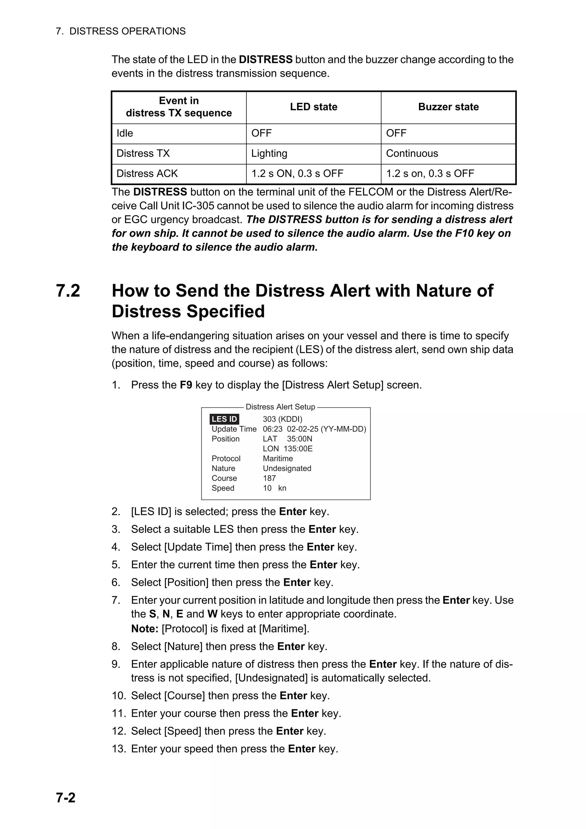 7. DISTRESS OPERATIONS
7-2
The state of the LED in the DISTRESS button and the buzzer change according to the
events in the distress transmission sequence.
The DISTRESS button on the terminal unit of the FELCOM or the Distress Alert/Re-
ceive Call Unit IC-305 cannot be used to silence the audio alarm for incoming distress
or EGC urgency broadcast. The DISTRESS button is for sending a distress alert
for own ship. It cannot be used to silence the audio alarm. Use the F10 key on
the keyboard to silence the audio alarm.
7.2 How to Send the Distress Alert with Nature of
Distress Specified
When a life-endangering situation arises on your vessel and there is time to specify
the nature of distress and the recipient (LES) of the distress alert, send own ship data
(position, time, speed and course) as follows:
1. Press the F9 key to display the [Distress Alert Setup] screen.
2. [LES ID] is selected; press the Enter key.
3. Select a suitable LES then press the Enter key.
4. Select [Update Time] then press the Enter key.
5. Enter the current time then press the Enter key.
6. Select [Position] then press the Enter key.
7. Enter your current position in latitude and longitude then press the Enter key. Use
the S, N, E and W keys to enter appropriate coordinate.
Note: [Protocol] is fixed at [Maritime].
8. Select [Nature] then press the Enter key.
9. Enter applicable nature of distress then press the Enter key. If the nature of dis-
tress is not specified, [Undesignated] is automatically selected.
10. Select [Course] then press the Enter key.
11. Enter your course then press the Enter key.
12. Select [Speed] then press the Enter key.
13. Enter your speed then press the Enter key.
Event in
distress TX sequence
LED state Buzzer state
Idle OFF OFF
Distress TX Lighting Continuous
Distress ACK 1.2 s ON, 0.3 s OFF 1.2 s on, 0.3 s OFF
Distress Alert Setup
LES ID
Update Time
Position
Protocol
Nature
Course
Speed
303 (KDDI)
06:23 02-02-25 (YY-MM-DD)
LAT 35:00N
LON 135:00E
Maritime
Undesignated
187
10 kn
 