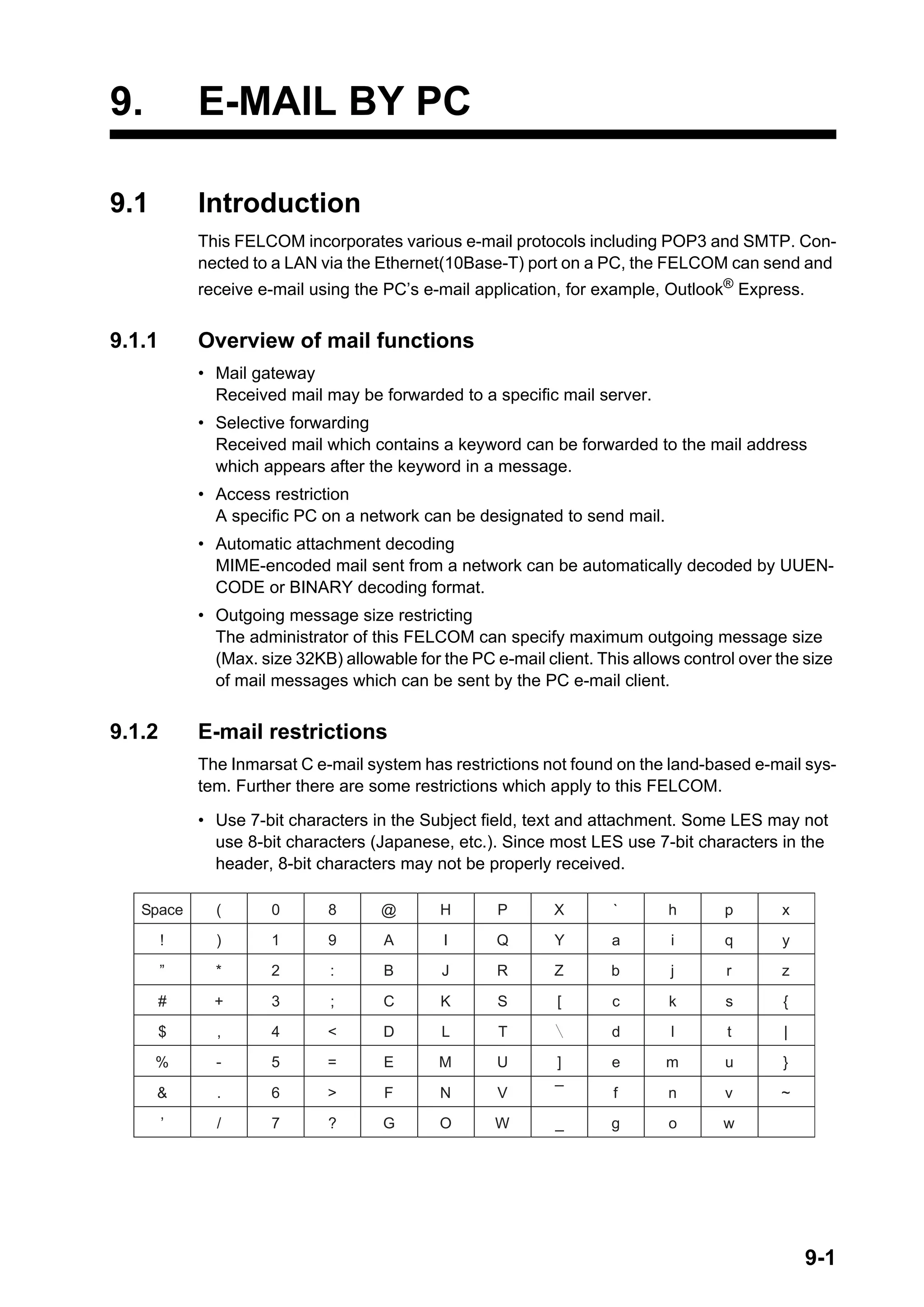 9-1
9. E-MAIL BY PC
9.1 Introduction
This FELCOM incorporates various e-mail protocols including POP3 and SMTP. Con-
nected to a LAN via the Ethernet(10Base-T) port on a PC, the FELCOM can send and
receive e-mail using the PC’s e-mail application, for example, Outlook®
Express.
9.1.1 Overview of mail functions
• Mail gateway
Received mail may be forwarded to a specific mail server.
• Selective forwarding
Received mail which contains a keyword can be forwarded to the mail address
which appears after the keyword in a message.
• Access restriction
A specific PC on a network can be designated to send mail.
• Automatic attachment decoding
MIME-encoded mail sent from a network can be automatically decoded by UUEN-
CODE or BINARY decoding format.
• Outgoing message size restricting
The administrator of this FELCOM can specify maximum outgoing message size
(Max. size 32KB) allowable for the PC e-mail client. This allows control over the size
of mail messages which can be sent by the PC e-mail client.
9.1.2 E-mail restrictions
The Inmarsat C e-mail system has restrictions not found on the land-based e-mail sys-
tem. Further there are some restrictions which apply to this FELCOM.
• Use 7-bit characters in the Subject field, text and attachment. Some LES may not
use 8-bit characters (Japanese, etc.). Since most LES use 7-bit characters in the
header, 8-bit characters may not be properly received.
Space ( 0 8 @ H P X ` h p x
! ) 1 9 A I Q Y a i q y
” * 2 : B J R Z b j r z
# + 3 ; C K S [ c k s {
$ , 4 < D L T d l t |
% - 5 = E M U ] e m u }
& . 6 > F N V ¯ f n v ~
’ / 7 ? G O W _ g o w
 