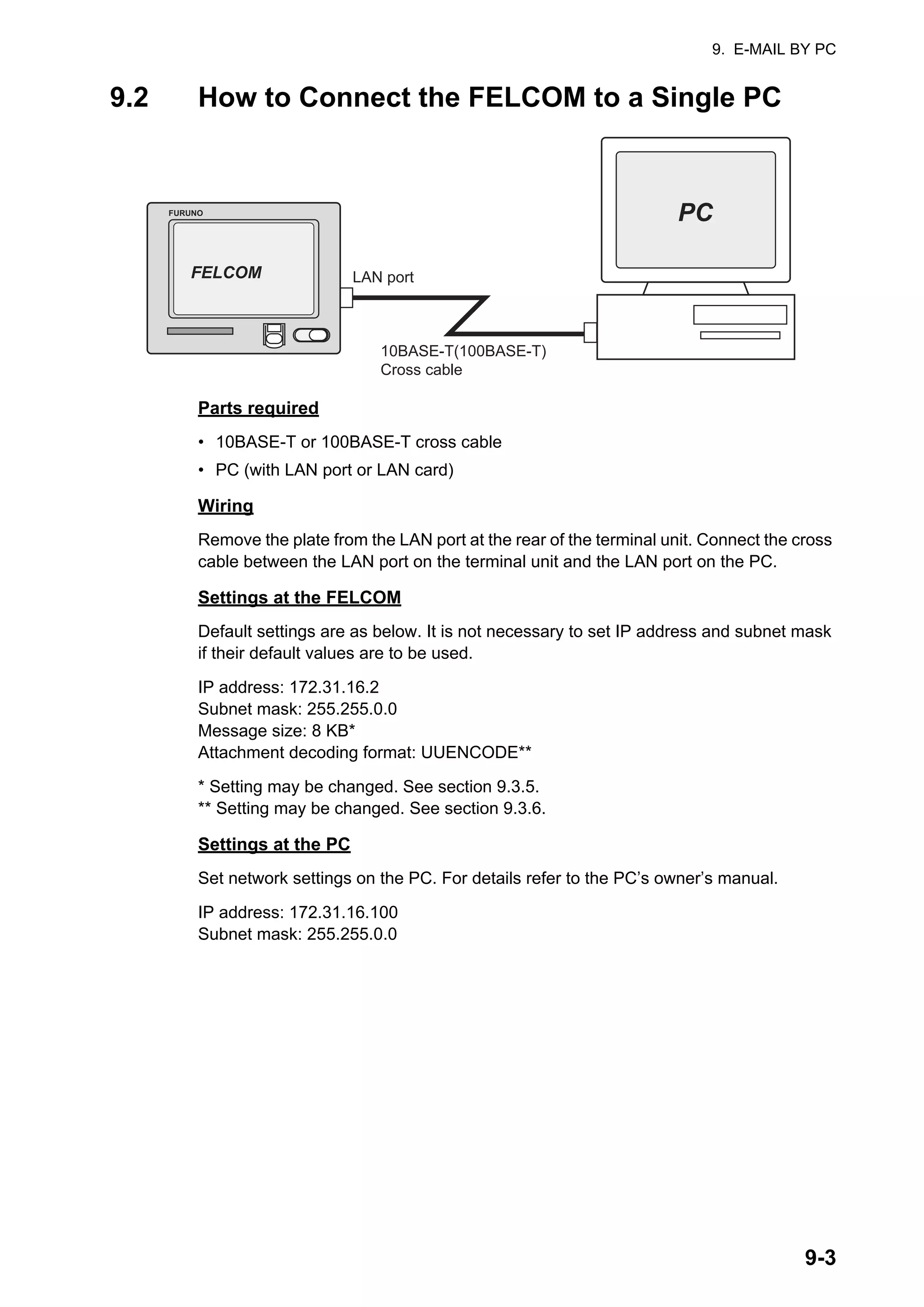 9. E-MAIL BY PC
9-3
9.2 How to Connect the FELCOM to a Single PC
Parts required
• 10BASE-T or 100BASE-T cross cable
• PC (with LAN port or LAN card)
Wiring
Remove the plate from the LAN port at the rear of the terminal unit. Connect the cross
cable between the LAN port on the terminal unit and the LAN port on the PC.
Settings at the FELCOM
Default settings are as below. It is not necessary to set IP address and subnet mask
if their default values are to be used.
IP address: 172.31.16.2
Subnet mask: 255.255.0.0
Message size: 8 KB*
Attachment decoding format: UUENCODE**
* Setting may be changed. See section 9.3.5.
** Setting may be changed. See section 9.3.6.
Settings at the PC
Set network settings on the PC. For details refer to the PC’s owner’s manual.
IP address: 172.31.16.100
Subnet mask: 255.255.0.0
FURUNO
LAN port
FELCOM
PC
10BASE-T(100BASE-T)
Cross cable
 
