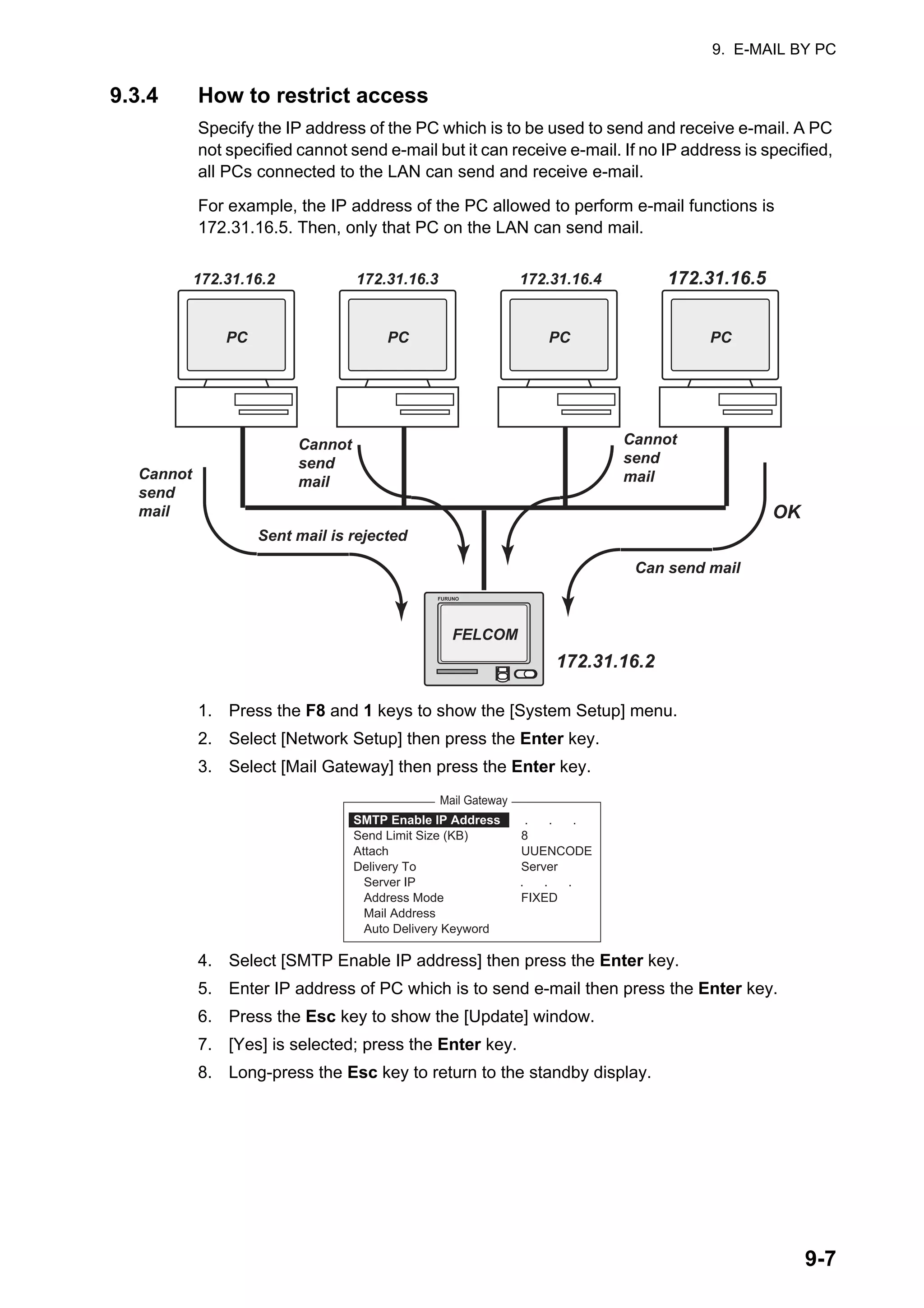 9. E-MAIL BY PC
9-7
9.3.4 How to restrict access
Specify the IP address of the PC which is to be used to send and receive e-mail. A PC
not specified cannot send e-mail but it can receive e-mail. If no IP address is specified,
all PCs connected to the LAN can send and receive e-mail.
For example, the IP address of the PC allowed to perform e-mail functions is
172.31.16.5. Then, only that PC on the LAN can send mail.
1. Press the F8 and 1 keys to show the [System Setup] menu.
2. Select [Network Setup] then press the Enter key.
3. Select [Mail Gateway] then press the Enter key.
4. Select [SMTP Enable IP address] then press the Enter key.
5. Enter IP address of PC which is to send e-mail then press the Enter key.
6. Press the Esc key to show the [Update] window.
7. [Yes] is selected; press the Enter key.
8. Long-press the Esc key to return to the standby display.
FURUNO
FELCOM
PC
PC PC PC
172.31.16.2
172.31.16.5
172.31.16.4
172.31.16.3
172.31.16.2
Can send mail
OK
Sent mail is rejected
Cannot
send
mail
Cannot
send
mail
Cannot
send
mail
Mail Gateway
SMTP Enable IP Address . . .
Send Limit Size (KB) 8
Attach UUENCODE
Delivery To Server
Server IP . . .
Address Mode FIXED
Mail Address
Auto Delivery Keyword
 